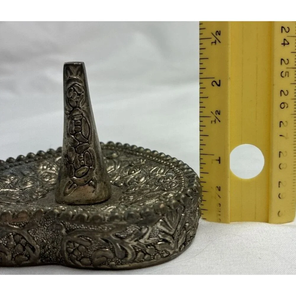 Heart Shaped Ornate Ring Holder Dish Silver Plated Vintage Patina Victorian Rose